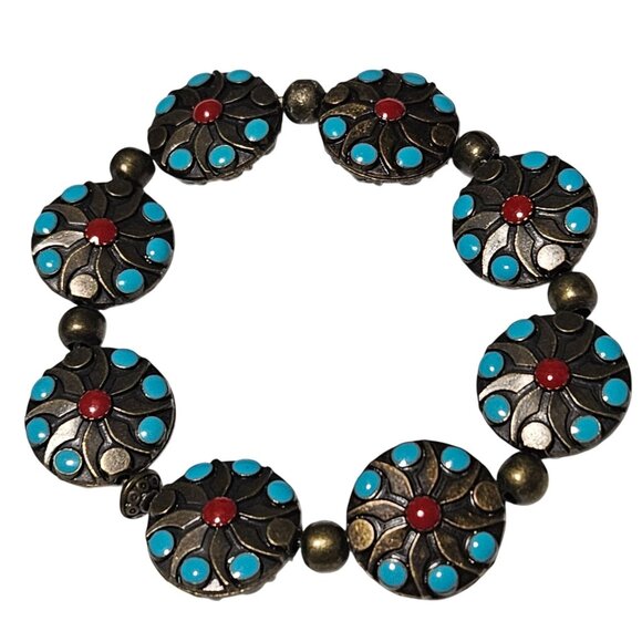Vintage Bronze Bracelet Turquoise Red Accents Elastic Band Bohemian Southwest - Picture 1 of 3